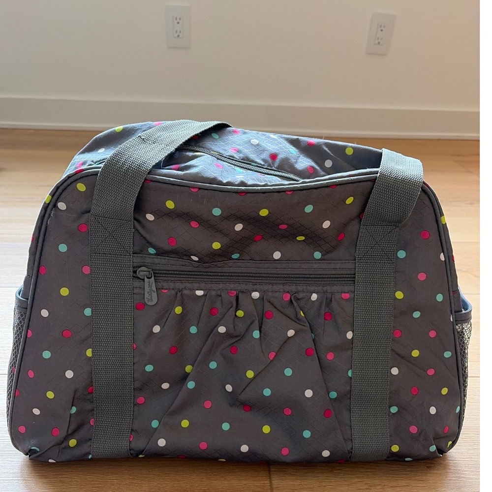 Thirty-One Gray Polka Dot Tote duffle Bag Large Zip Pocket